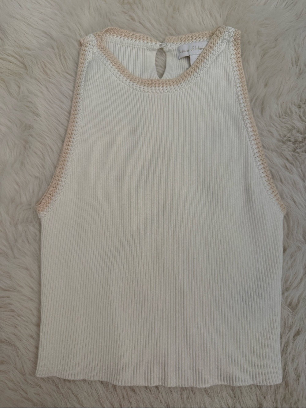 House of Harlow 1960 Cream Ribbed Tank with Crochet Trim